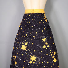Load image into Gallery viewer, 70s BLACK AND YELLOW CELESTIAL STAR PRINT MAXI COTTON SKIRT - 34"