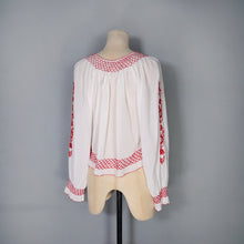 Load image into Gallery viewer, 70s SHEER WHITE AND RED EMBROIDERED HUNGARIAN FOLK BLOUSE - M