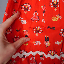 Load image into Gallery viewer, 50s RED AUSTRIAN NOVELTY FOLK PRINT FULL SKIRTED COTTON DRESS - S