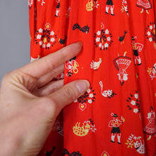 Load image into Gallery viewer, 50s RED AUSTRIAN NOVELTY FOLK PRINT FULL SKIRTED COTTON DRESS - S