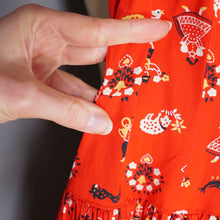 Load image into Gallery viewer, 50s RED AUSTRIAN NOVELTY FOLK PRINT FULL SKIRTED COTTON DRESS - S