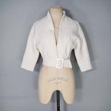 Load image into Gallery viewer, 50s CROPPED WHITE BOLERO CARDIGAN / JACKET WITH BUCKLED WAIST - XS-S