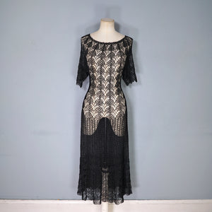VINTAGE SLINKY BLACK SEE THROUGH LACE CROCHET DRESS - M