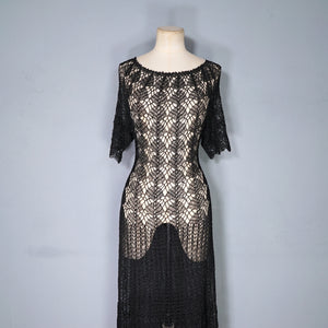 VINTAGE SLINKY BLACK SEE THROUGH LACE CROCHET DRESS - M
