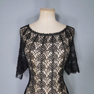 VINTAGE SLINKY BLACK SEE THROUGH LACE CROCHET DRESS - M