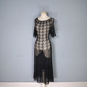 VINTAGE SLINKY BLACK SEE THROUGH LACE CROCHET DRESS - M