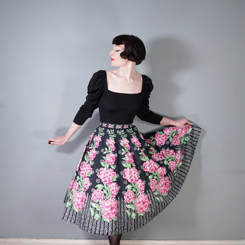 50s 60s BLACK PINK HYDRANGEA COTTON VERY FULL FLORAL SKIRT - 28