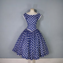 Load image into Gallery viewer, 50s PAT PREMO DARK BLUE AND WHITE POLKA DOT FULL SKIRTED DRESS - S