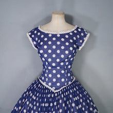 Load image into Gallery viewer, 50s PAT PREMO DARK BLUE AND WHITE POLKA DOT FULL SKIRTED DRESS - S