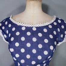 Load image into Gallery viewer, 50s PAT PREMO DARK BLUE AND WHITE POLKA DOT FULL SKIRTED DRESS - S