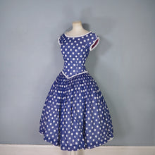 Load image into Gallery viewer, 50s PAT PREMO DARK BLUE AND WHITE POLKA DOT FULL SKIRTED DRESS - S