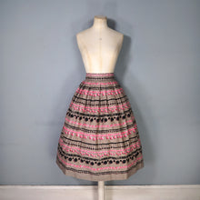 Load image into Gallery viewer, BROWN 50s FULL COTTON SKIRT WITH TROMP L&#39;OEIL POMPOM RIBBON PRINT - 25&quot;