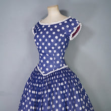 Load image into Gallery viewer, 50s PAT PREMO DARK BLUE AND WHITE POLKA DOT FULL SKIRTED DRESS - S