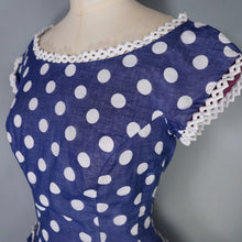 Load image into Gallery viewer, 50s PAT PREMO DARK BLUE AND WHITE POLKA DOT FULL SKIRTED DRESS - S