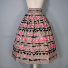 Load image into Gallery viewer, BROWN 50s FULL COTTON SKIRT WITH TROMP L&#39;OEIL POMPOM RIBBON PRINT - 25&quot;