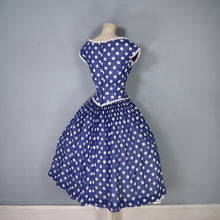 Load image into Gallery viewer, 50s PAT PREMO DARK BLUE AND WHITE POLKA DOT FULL SKIRTED DRESS - S