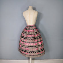 Load image into Gallery viewer, BROWN 50s FULL COTTON SKIRT WITH TROMP L&#39;OEIL POMPOM RIBBON PRINT - 25&quot;