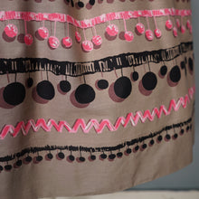 Load image into Gallery viewer, BROWN 50s FULL COTTON SKIRT WITH TROMP L&#39;OEIL POMPOM RIBBON PRINT - 25&quot;