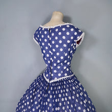 Load image into Gallery viewer, 50s PAT PREMO DARK BLUE AND WHITE POLKA DOT FULL SKIRTED DRESS - S