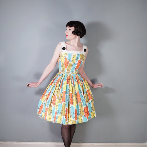 50s 60s BLANES ADORABLE MULTI COLOURED STEMMED ROSE SUN DRESS - S