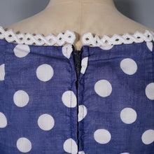 Load image into Gallery viewer, 50s PAT PREMO DARK BLUE AND WHITE POLKA DOT FULL SKIRTED DRESS - S