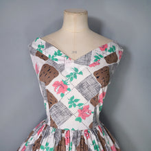Load image into Gallery viewer, 50s BROWN PINK ROSE AND DIAMON PRINT COTTON DAY DRESS - PETITE SIZE / XS-S