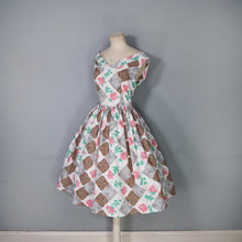 Load image into Gallery viewer, 50s BROWN PINK ROSE AND DIAMON PRINT COTTON DAY DRESS - PETITE SIZE / XS-S