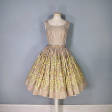Load image into Gallery viewer, 50s VICTOR JOSSELYN BROWN AND YELLOW PAISELY PRINT FULL SKIRTED DRESS S-M