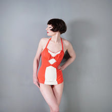 Load image into Gallery viewer, 50s TWOTONE CORAL RED AND WHITE BOW DESIGN SWIMSUIT - S