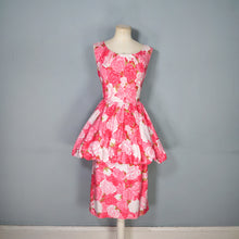 Load image into Gallery viewer, 50s PINK FLORAL ROSE PRINT BUBBLE HEM PEPLUM WIGGLE COCKTAIL DRESS - S