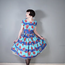 Load image into Gallery viewer, 50s BLUE RED &quot;BLACON&quot; GRAPE / FRUIT PRINT FULL SKIRTED DRESS - M