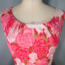 Load image into Gallery viewer, 50s PINK FLORAL ROSE PRINT BUBBLE HEM PEPLUM WIGGLE COCKTAIL DRESS - S