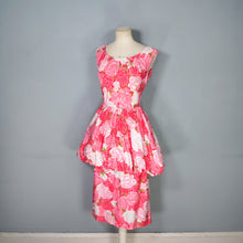 Load image into Gallery viewer, 50s PINK FLORAL ROSE PRINT BUBBLE HEM PEPLUM WIGGLE COCKTAIL DRESS - S