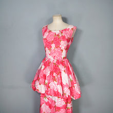 Load image into Gallery viewer, 50s PINK FLORAL ROSE PRINT BUBBLE HEM PEPLUM WIGGLE COCKTAIL DRESS - S
