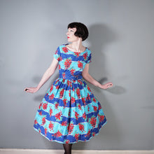Load image into Gallery viewer, 50s BLUE RED &quot;BLACON&quot; GRAPE / FRUIT PRINT FULL SKIRTED DRESS - M