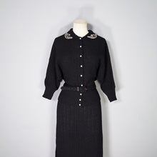 Load image into Gallery viewer, 50s BLACK &quot;NORTHWESTERN WOOLEN CO&quot; BEADED BOUCLE 3 PIECE KNIT SKIRT CARDIGAN SET - L