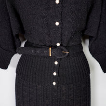 Load image into Gallery viewer, 50s BLACK &quot;NORTHWESTERN WOOLEN CO&quot; BEADED BOUCLE 3 PIECE KNIT SKIRT CARDIGAN SET - L