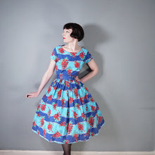 Load image into Gallery viewer, 50s BLUE RED &quot;BLACON&quot; GRAPE / FRUIT PRINT FULL SKIRTED DRESS - M