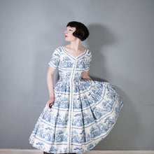 Load image into Gallery viewer, 50s BLUE WHITE TOILE PRINT FULL SKIRTED HORROCKSES FASHIONS DRESS - S