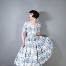 Load image into Gallery viewer, 50s BLUE WHITE TOILE PRINT FULL SKIRTED HORROCKSES FASHIONS DRESS - S