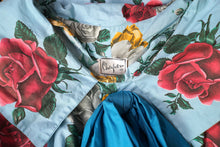 Load image into Gallery viewer, 50s CHAPON LIGHT BLUE HUGE RED WHITE AND YELLOW ROSE PRINT DRESS - M