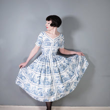 Load image into Gallery viewer, 50s BLUE WHITE TOILE PRINT FULL SKIRTED HORROCKSES FASHIONS DRESS - S