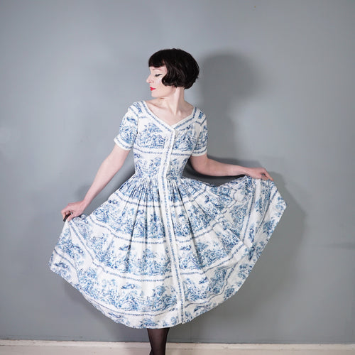 50s BLUE WHITE TOILE PRINT FULL SKIRTED HORROCKSES FASHIONS DRESS - S