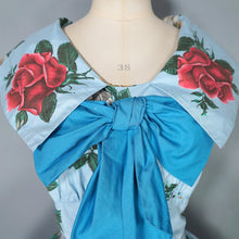Load image into Gallery viewer, 50s CHAPON LIGHT BLUE HUGE RED WHITE AND YELLOW ROSE PRINT DRESS - M