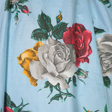 Load image into Gallery viewer, 50s CHAPON LIGHT BLUE HUGE RED WHITE AND YELLOW ROSE PRINT DRESS - M