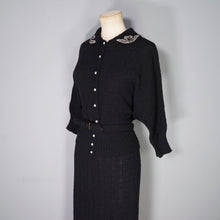 Load image into Gallery viewer, 50s BLACK &quot;NORTHWESTERN WOOLEN CO&quot; BEADED BOUCLE 3 PIECE KNIT SKIRT CARDIGAN SET - L