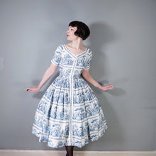 Load image into Gallery viewer, 50s BLUE WHITE TOILE PRINT FULL SKIRTED HORROCKSES FASHIONS DRESS - S