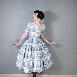 50s BLUE WHITE TOILE PRINT FULL SKIRTED HORROCKSES FASHIONS DRESS - S