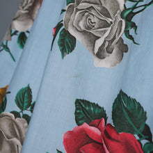 Load image into Gallery viewer, 50s CHAPON LIGHT BLUE HUGE RED WHITE AND YELLOW ROSE PRINT DRESS - M