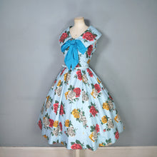 Load image into Gallery viewer, 50s CHAPON LIGHT BLUE HUGE RED WHITE AND YELLOW ROSE PRINT DRESS - M